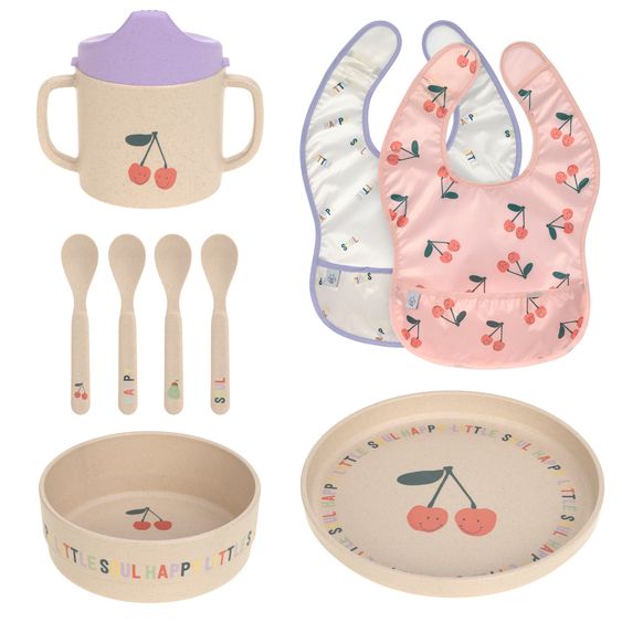 Lässig 9-tlg. Geschirr-Set Zellulose - Schnabel-Tasse + Löffel + Schale + Teller + Lätzchen - Happy Fruits - Cherry