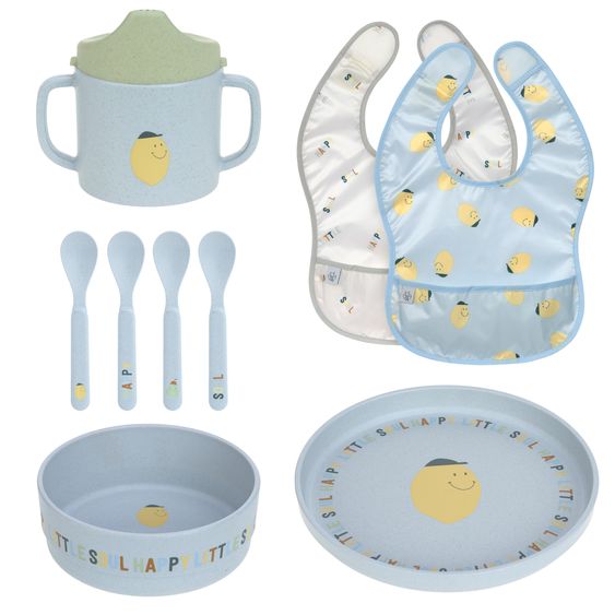 Lässig 9-tlg. Geschirr-Set Zellulose - Schnabel-Tasse + Löffel + Schale + Teller + Lätzchen - Happy Fruits - Lemon