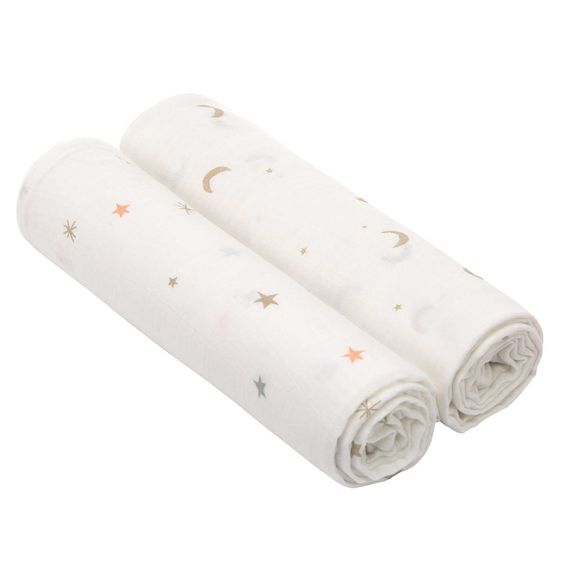 Lässig Einschlag- & Mulltuch 2er Pack Heavenly Soft - Bambus 120 x 120 cm - Stars & Moon - Gold