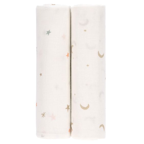 Lässig Einschlag- & Mulltuch 2er Pack Heavenly Soft - Bambus 120 x 120 cm - Stars & Moon - Gold