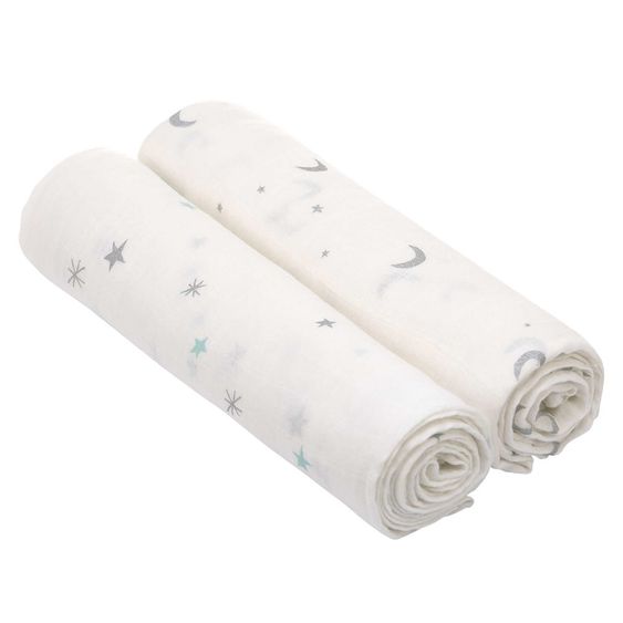 Lässig Einschlag- & Mulltuch 2er Pack Heavenly Soft - Bambus 120 x 120 cm - Stars & Moon - Silver