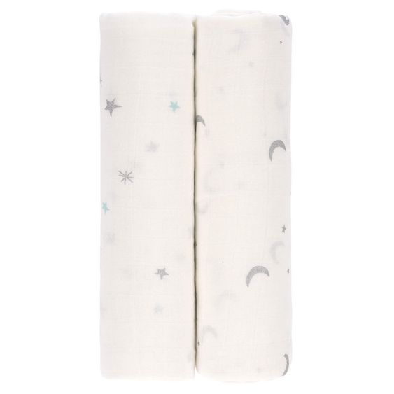 Lässig Einschlag- & Mulltuch 2er Pack Heavenly Soft - Bambus 120 x 120 cm - Stars & Moon - Silver