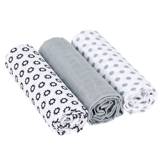 Lässig Mulltuch 3er Pack Swaddle & Burp Blanket L 85 x 85 cm - Little Chums Stars - White