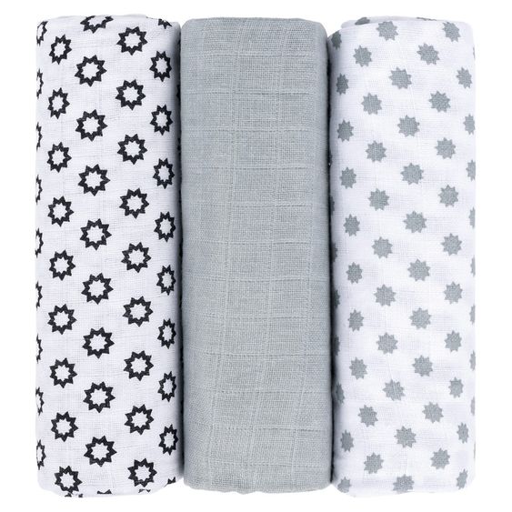 Lässig Mulltuch 3er Pack Swaddle & Burp Blanket L 85 x 85 cm - Little Chums Stars - White
