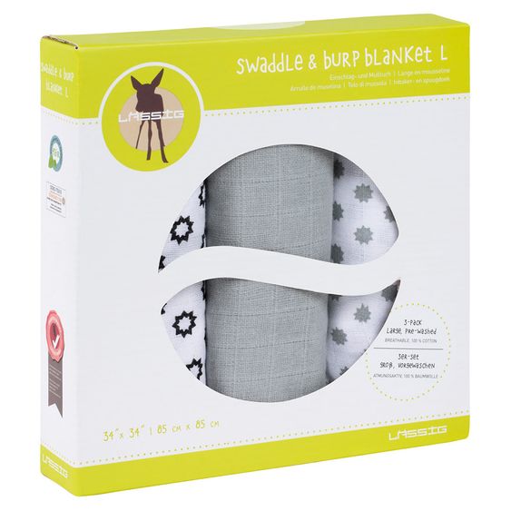 Lässig Mulltuch 3er Pack Swaddle & Burp Blanket L 85 x 85 cm - Little Chums Stars - White