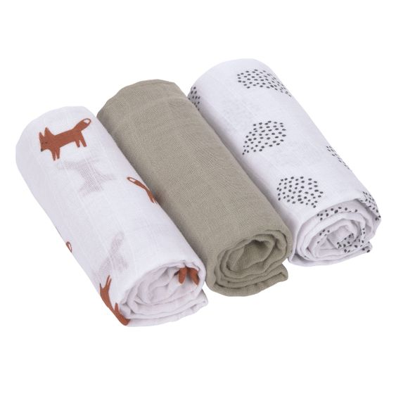 Lässig Mulltuch 3er Pack Swaddle & Burp Blanket M 60 x 60 cm - Little Forest Fox - Olive