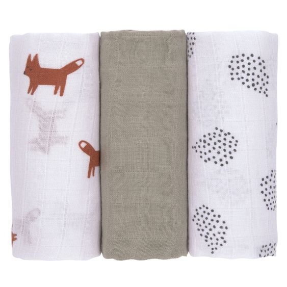 Lässig Mulltuch 3er Pack Swaddle & Burp Blanket M 60 x 60 cm - Little Forest Fox - Olive