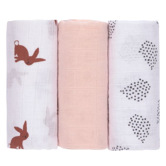 Lässig Mulltuch 3er Pack Swaddle & Burp Blanket M 60 x 60 cm - Little Forest Rabbit - Rose