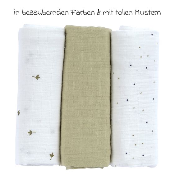 Lässig Mulltuch 3er Pack Swaddle L Bio-Baumwolle 85 x 85 cm - Leave - Olive