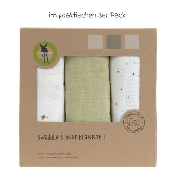 Lässig Mulltuch 3er Pack Swaddle L Bio-Baumwolle 85 x 85 cm - Leave - Olive