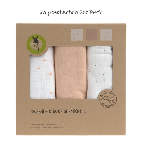 Lässig Mulltuch 3er Pack Swaddle L Bio-Baumwolle 85 x 85 cm - Moon - Peach