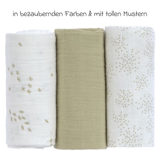 Lässig Mulltuch 3er Pack Swaddle M Bio-Baumwolle 60 x 60 cm - Leave - Olive Milky