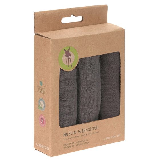 Lässig Pflegetuch 3er Pack Muslin 30 x 30 cm - Anthracite