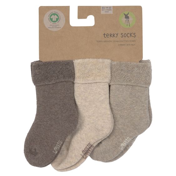 Lässig Terry socks 3-pack made from organic cotton - Brown / Beige - Sizes 15-18