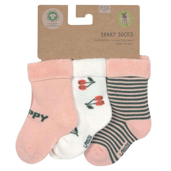 Lässig Terry socks 3-pack made from organic cotton - Cherry - Peach - Sizes 15-18