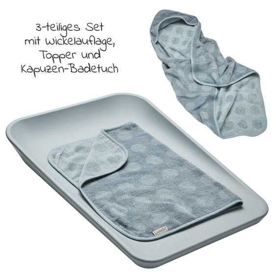Leander Wickelauflage & Wickelkissen Set Matty abwischbar inkl. Auflage Topper und Kapuzen-Badetuch Hoodie - Blueberry