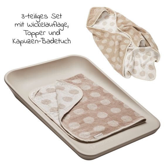 Leander Wickelauflage & Wickelkissen Set Matty abwischbar inkl. Auflage Topper und Kapuzen-Badetuch Hoodie - Cappucino