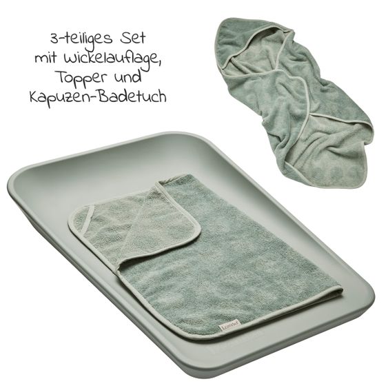 Leander Wickelauflage & Wickelkissen Set Matty abwischbar inkl. Auflage Topper und Kapuzen-Badetuch Hoodie - Sage Green