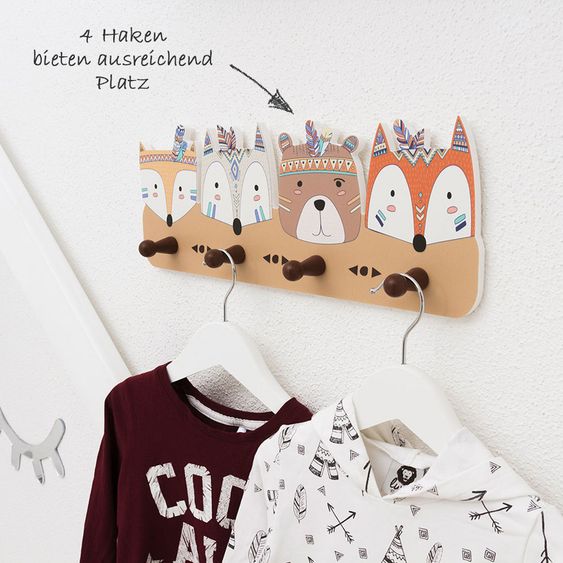 Luvel Kinder-Garderobe - Tierköpfe Indianer - Bunt / Hellbraun