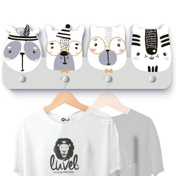 Luvel Kinder-Garderobe - Tierköpfe Indianer - Grau / Weiß