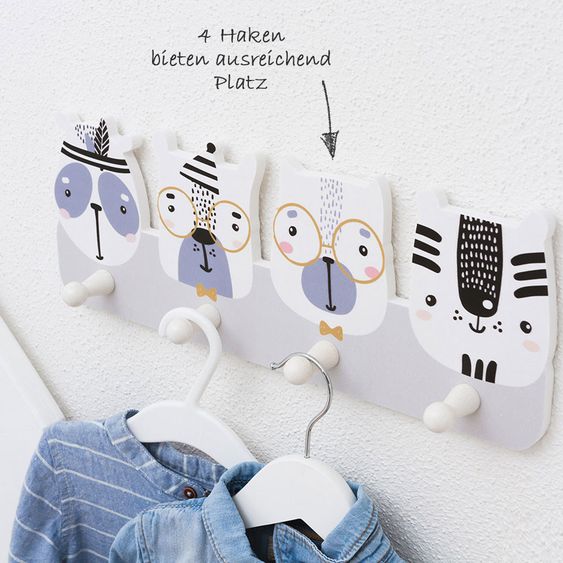 Luvel Kinder-Garderobe - Tierköpfe Indianer - Grau / Weiß