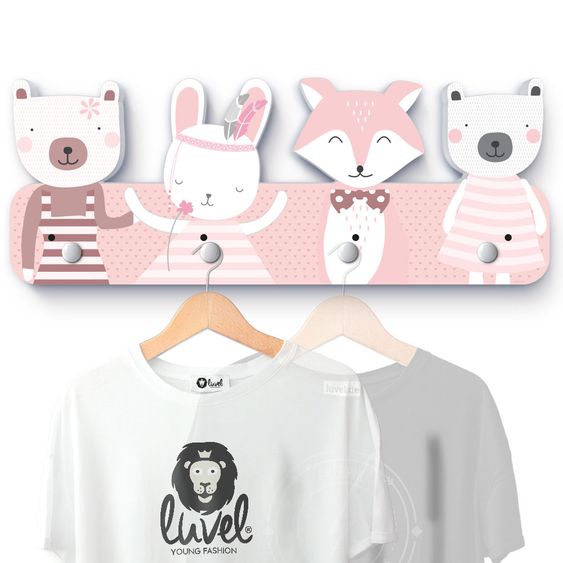 Luvel Kinder-Garderobe - Tierköpfe - Pink / Weiß