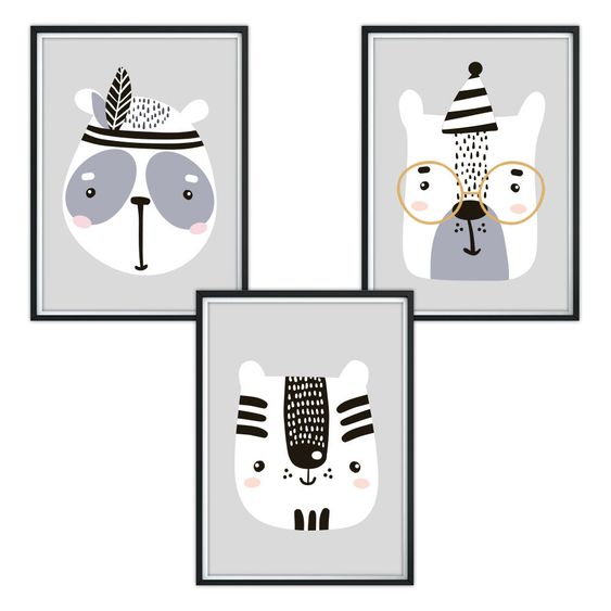 Luvel Poster 3er Set - Tiere - A4 - Grau