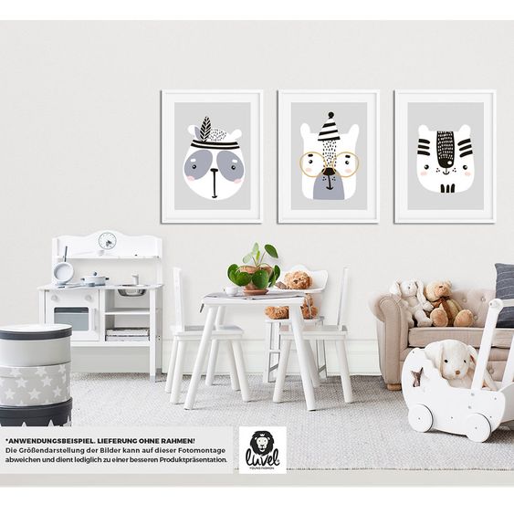 Luvel Poster 3er Set - Tiere - A4 - Grau