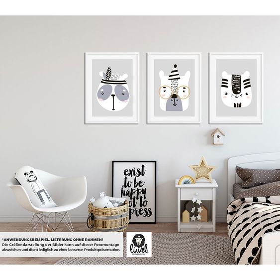 Luvel Poster 3er Set - Tiere - A4 - Grau