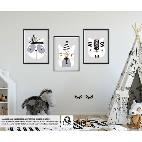 Luvel Poster 3er Set - Tiere - A4 - Grau