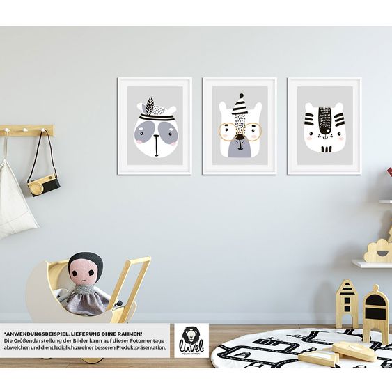 Luvel Poster 3er Set - Tiere - A4 - Grau