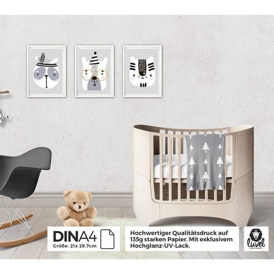 Luvel Poster 3er Set - Tiere - A4 - Grau