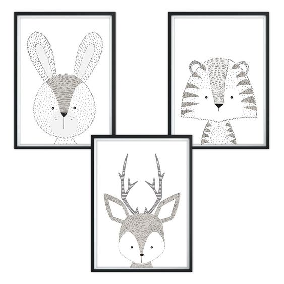 Luvel Poster set of 3 - Animals - A4 - Black / White