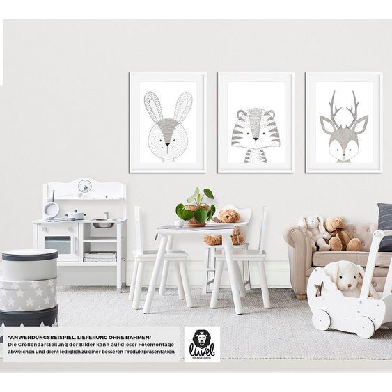 Luvel Poster set of 3 - Animals - A4 - Black / White