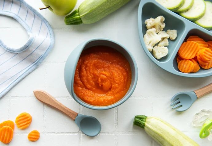 Mittagsbrei Baby Rezept, Schale mit Karottenbrei oder Möhrenbrei für Babys Beikost