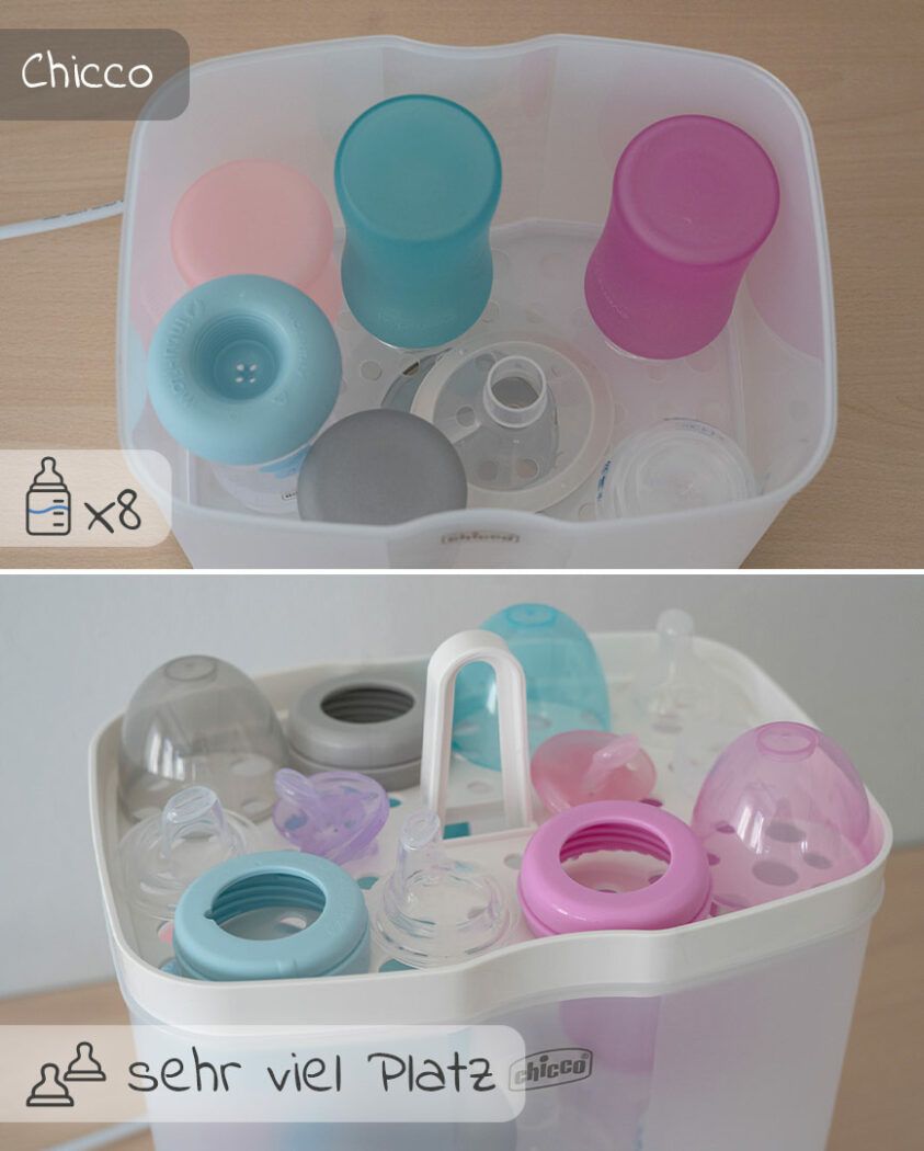 viel Platz für Fläschchen und Zubehör, Sterilisator Chicco