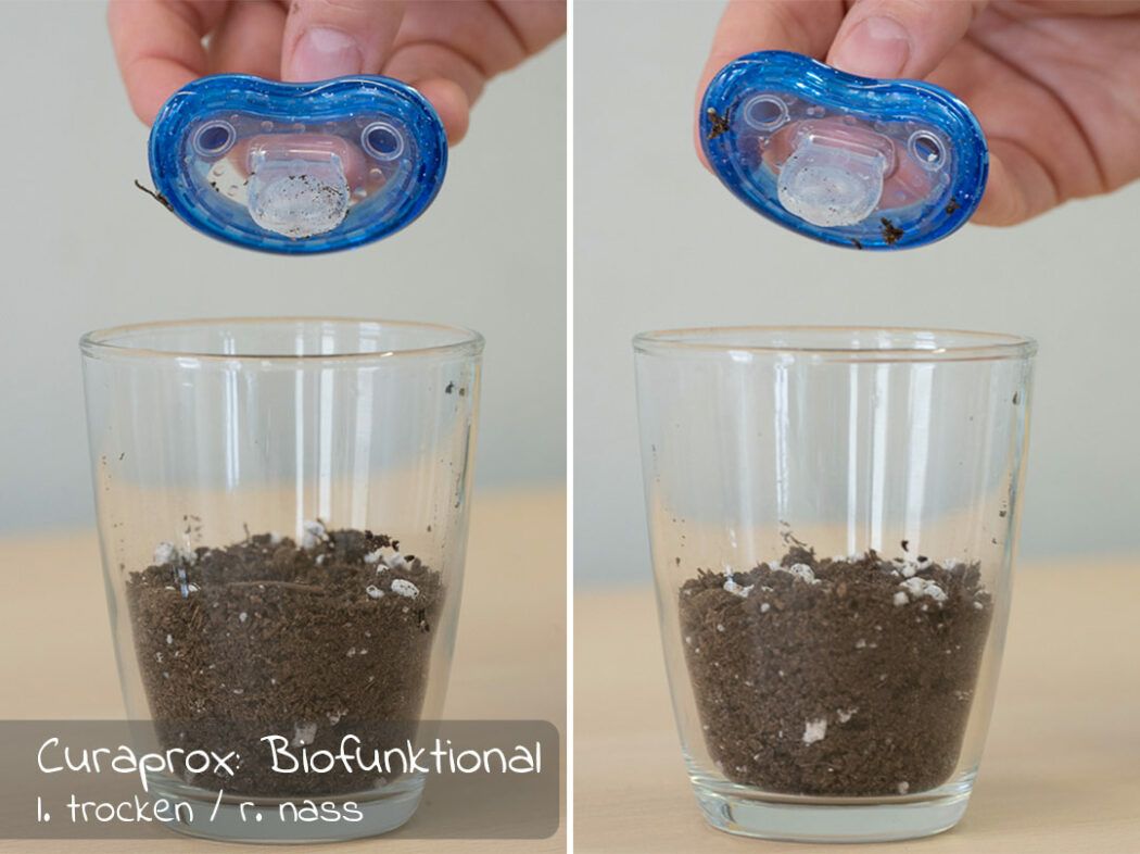 Schnuller-Test Schmutzhaftung Erde Curaprox Biofunktional