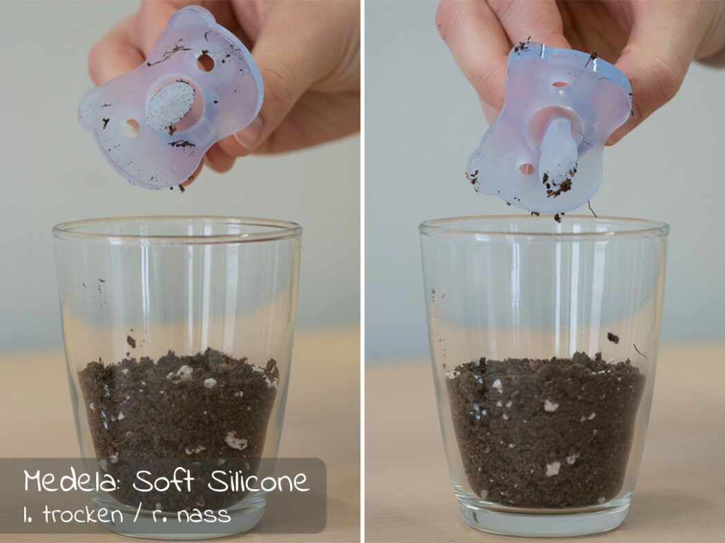 Schnuller-Test Schmutzhaftung Erde Medela Soft Silicone