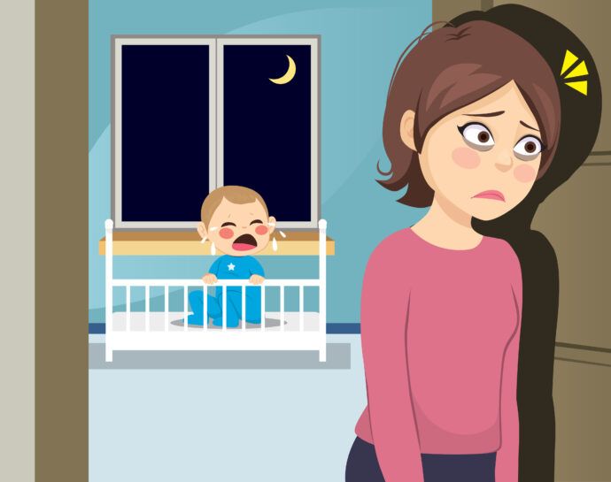 wann schläft das baby durch, müde mutter mit weinendem baby, baby nachts wach