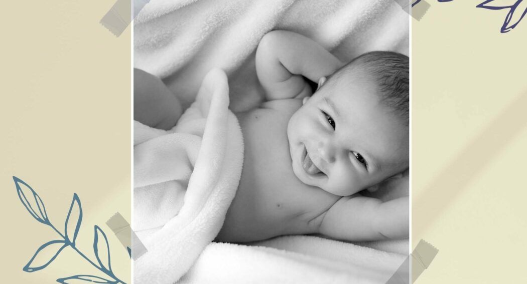 glückwunsch karte lachendes baby mit zweigen zur geburt