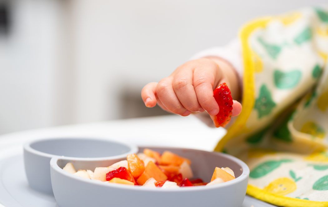 pinzettengriff, baby hand greift erdbeere zwischen fingerspitzen, baby isst obst aus babyschale
