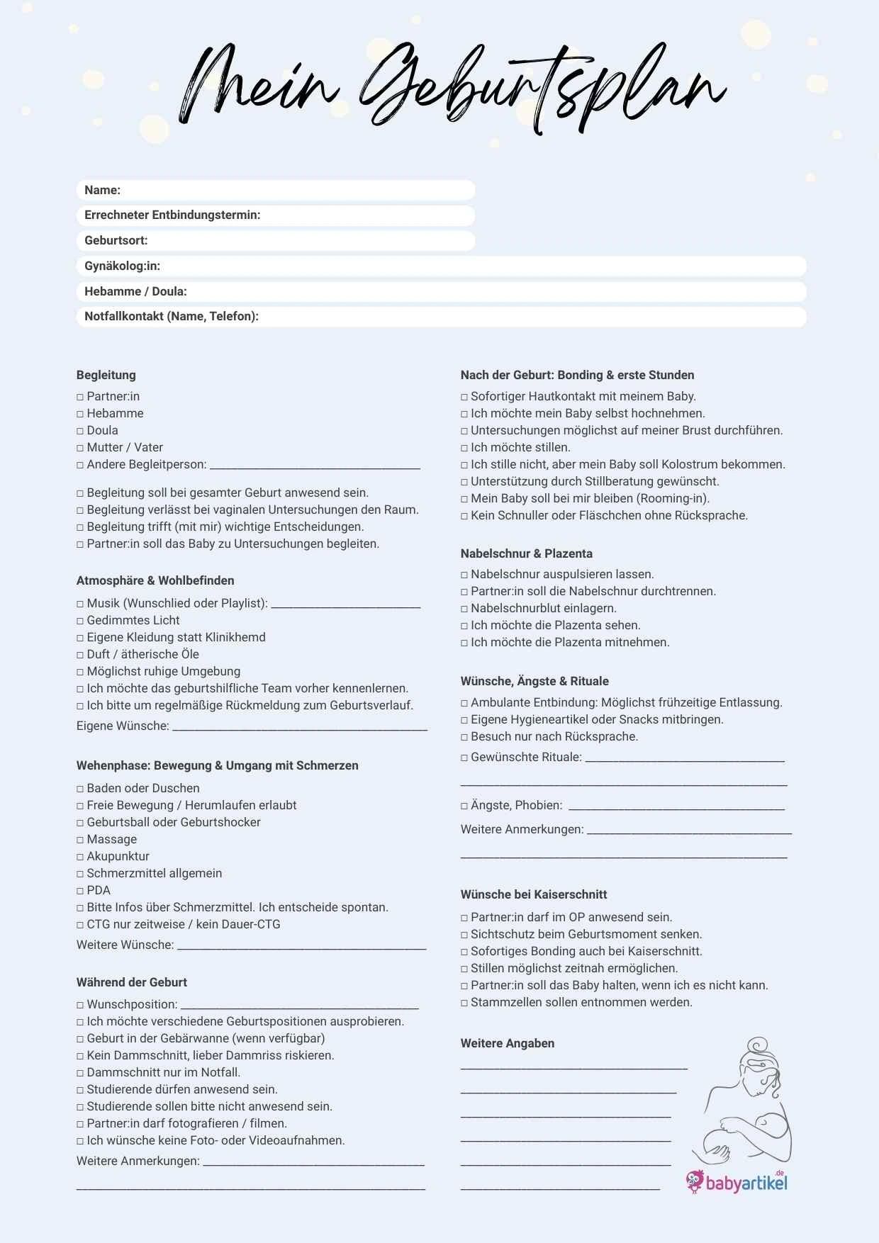 geburtsplan vorlage checkliste babyartikel.de