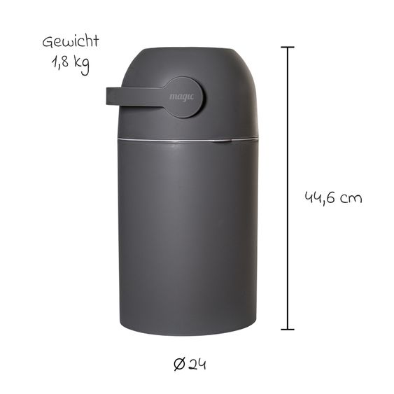 Magic Windeleimer Magic Majestic geruchsfrei - für herkömmliche Müllbeutel inkl. 1 Rolle mit 15 original Magic Windelbeuteln - Grau