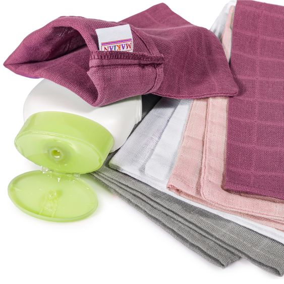 Makian 9-tlg. Bade-Set Mull Kapuzenbadetuch + 8 Waschhandschuhe - Orchidee / Puder
