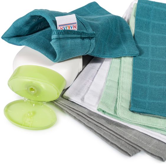 Makian 9-tlg. Bade-Set Mull Kapuzenbadetuch + 8 Waschhandschuhe - Patina / Mint