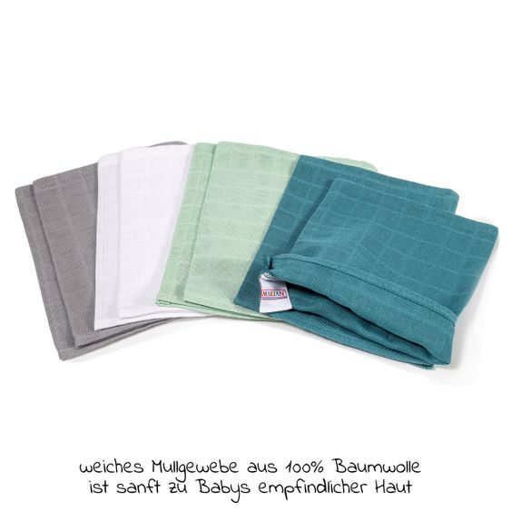 Makian 9-tlg. Bade-Set Mull Kapuzenbadetuch + 8 Waschhandschuhe - Patina / Mint