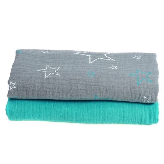 Makian Einschlag- & Mulltuch 2er Pack 120 x 120 cm - Sterne - Grau Türkis