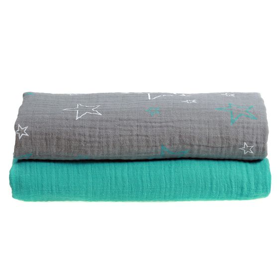 Makian Einschlag- & Mulltuch 2er Pack 120 x 120 cm - Sterne - Grau Türkis