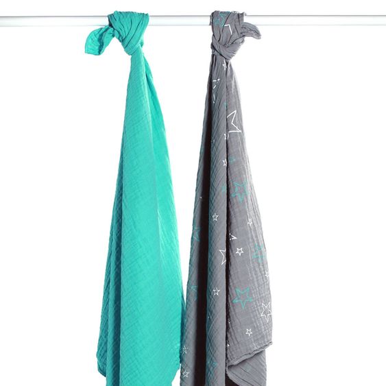 Makian Einschlag- & Mulltuch 2er Pack 120 x 120 cm - Sterne - Grau Türkis