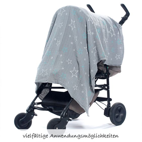 Makian Einschlag- & Mulltuch 2er Pack 120 x 120 cm - Sterne - Grau Türkis